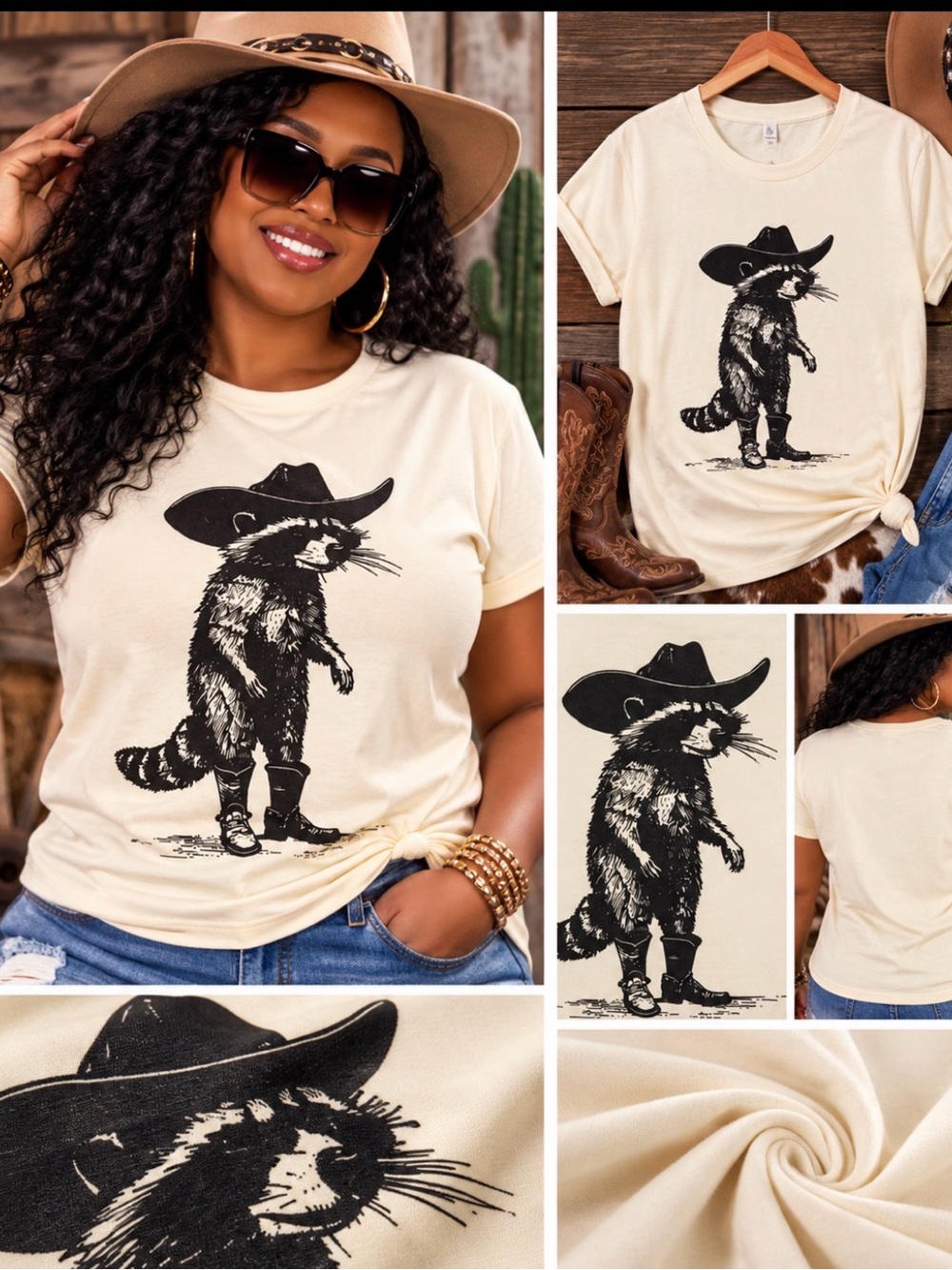 Cream Graphic Cat T-Shirt with Cowboy Raccoon Print